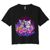 Adorable Kittens In Vibrant Floral Setting Women's Crop Top Tee