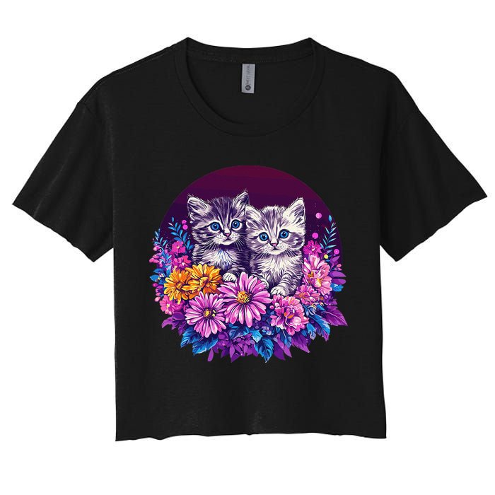 Adorable Kittens In Vibrant Floral Setting Women's Crop Top Tee