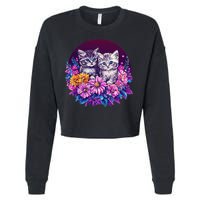 Adorable Kittens In Vibrant Floral Setting Cropped Pullover Crew