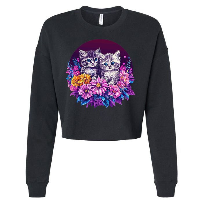 Adorable Kittens In Vibrant Floral Setting Cropped Pullover Crew