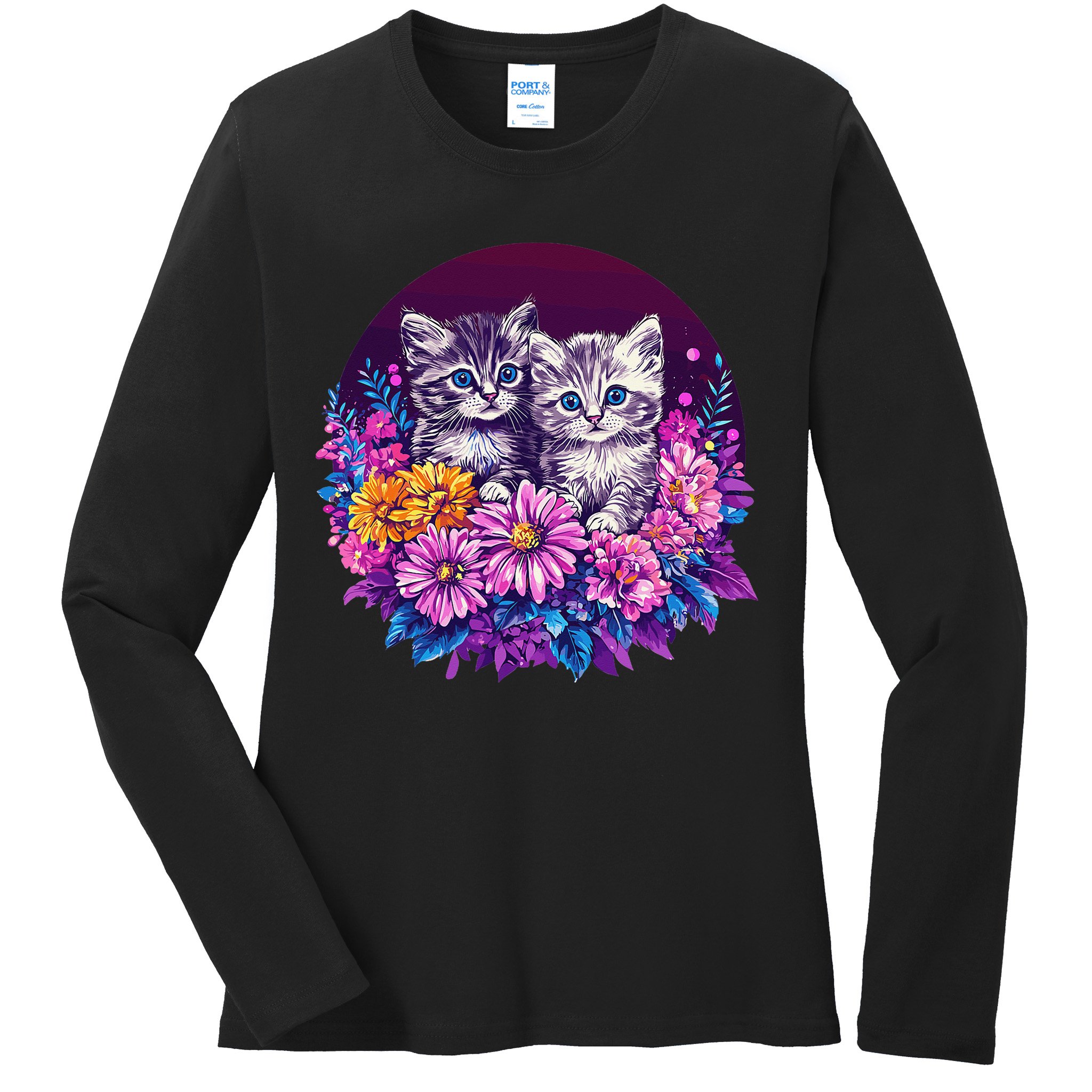 Adorable Kittens In Vibrant Floral Setting Ladies Long Sleeve Shirt
