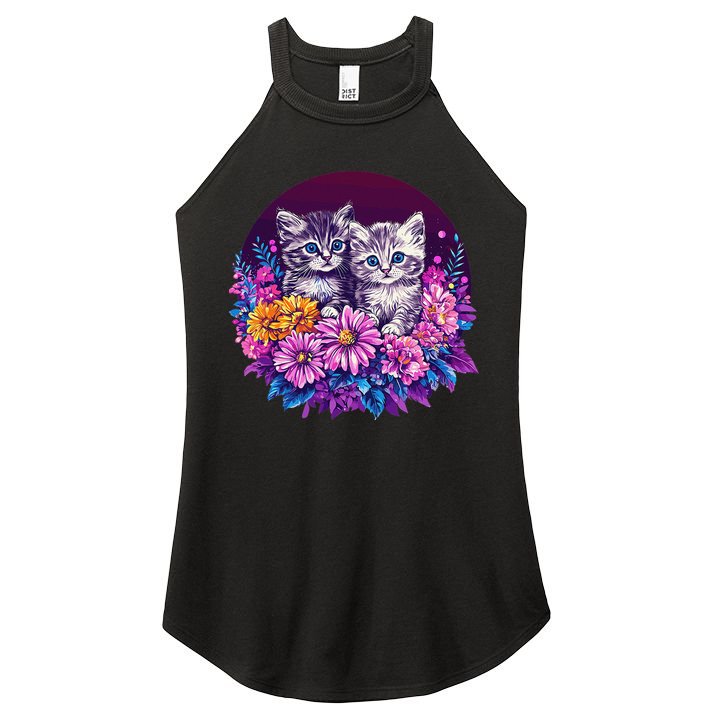 Adorable Kittens In Vibrant Floral Setting Women's Perfect Tri Rocker Tank