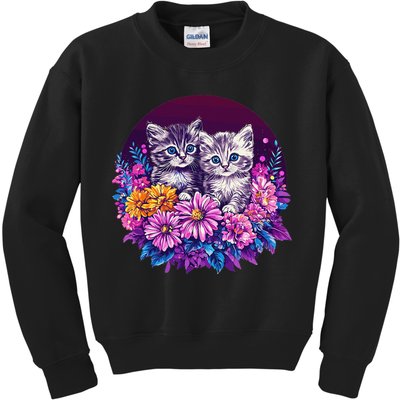 Adorable Kittens In Vibrant Floral Setting Kids Sweatshirt
