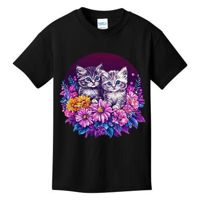 Adorable Kittens In Vibrant Floral Setting Kids T-Shirt