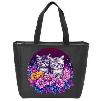 Adorable Kittens In Vibrant Floral Setting Zip Tote Bag