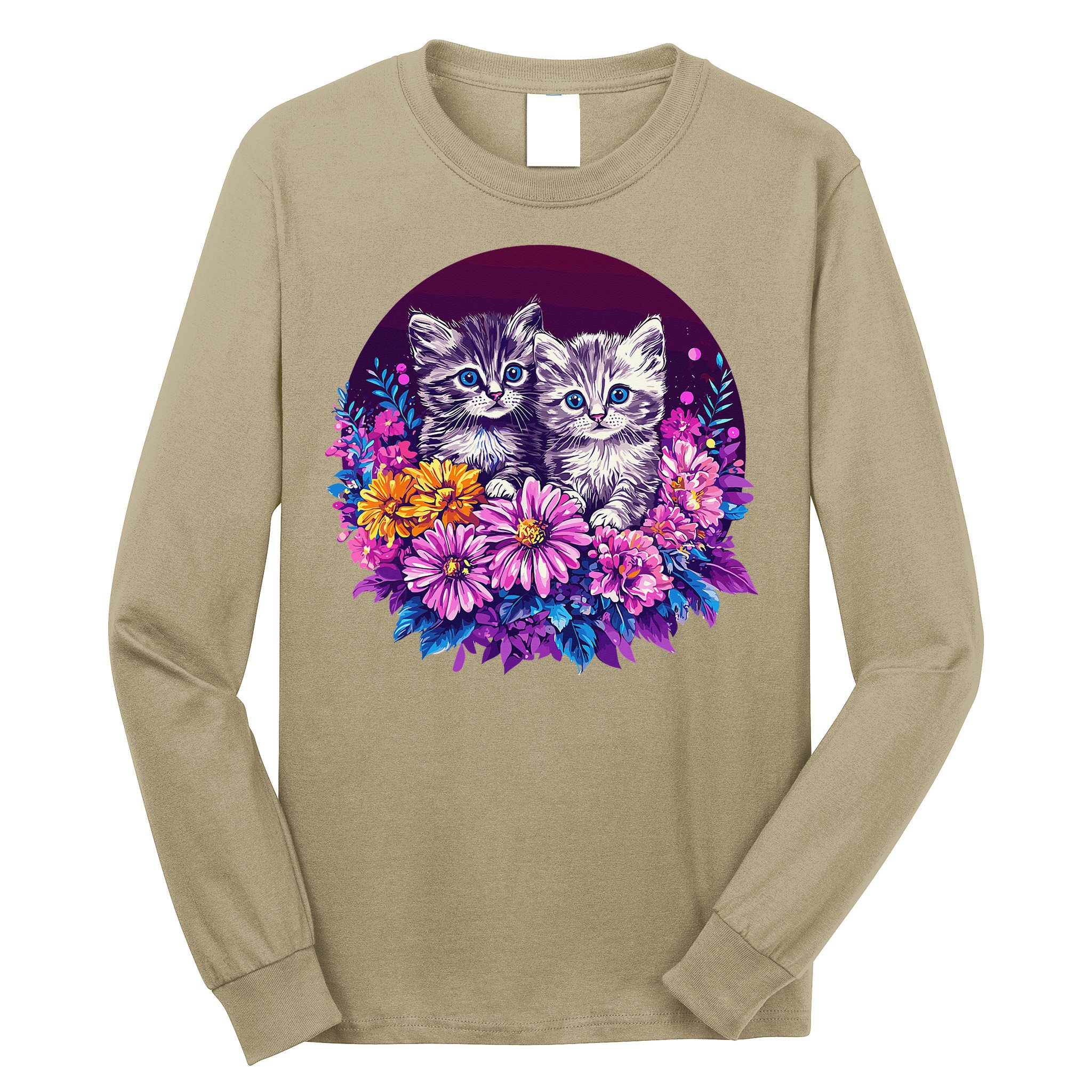 Adorable Kittens In Vibrant Floral Setting Long Sleeve Shirt