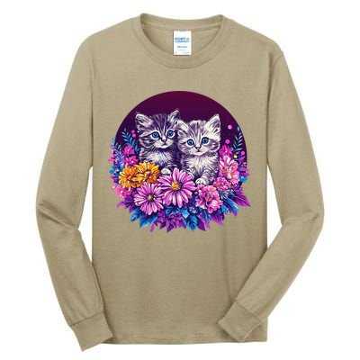 Adorable Kittens In Vibrant Floral Setting Tall Long Sleeve T-Shirt