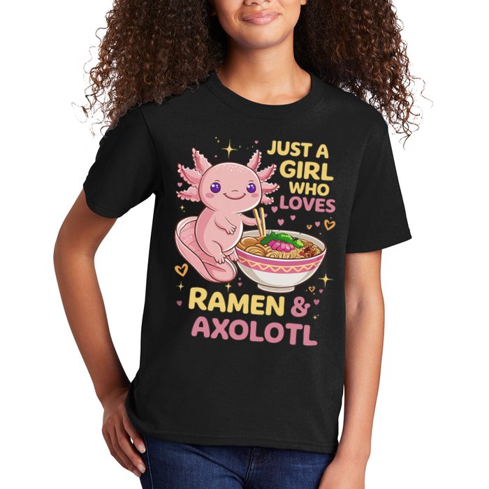 Axolotl Kawaii Just A Girl Who Loves Ramen And Axolotls Kids T-Shirt