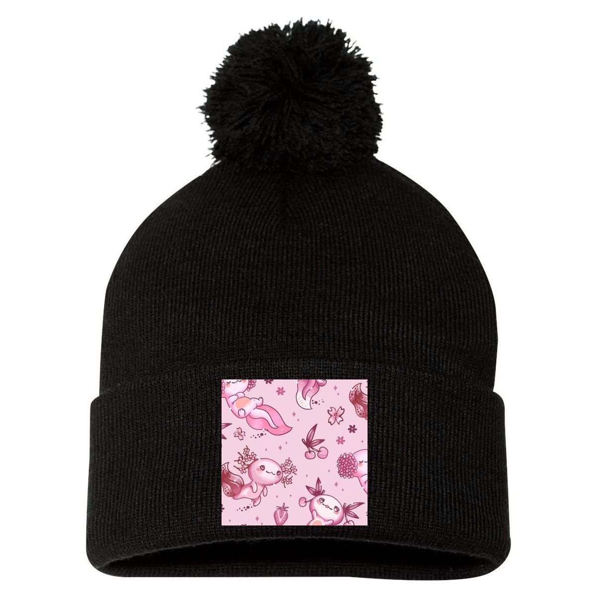 Axolotl Kawaii Pattern Pom Pom 12in Knit Beanie