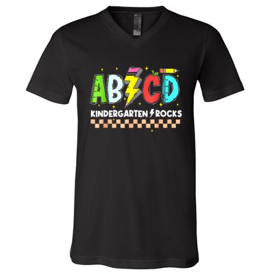 Abcd Kindergarten Rocks Pencil Lightning Teachers Rock S V-Neck T-Shirt