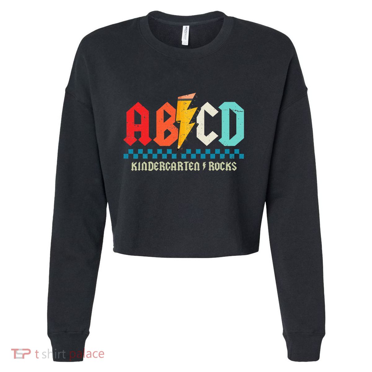 Abcd Kindergarten Rocks Pencil Lightning Students Teachers Cropped Pullover Crew