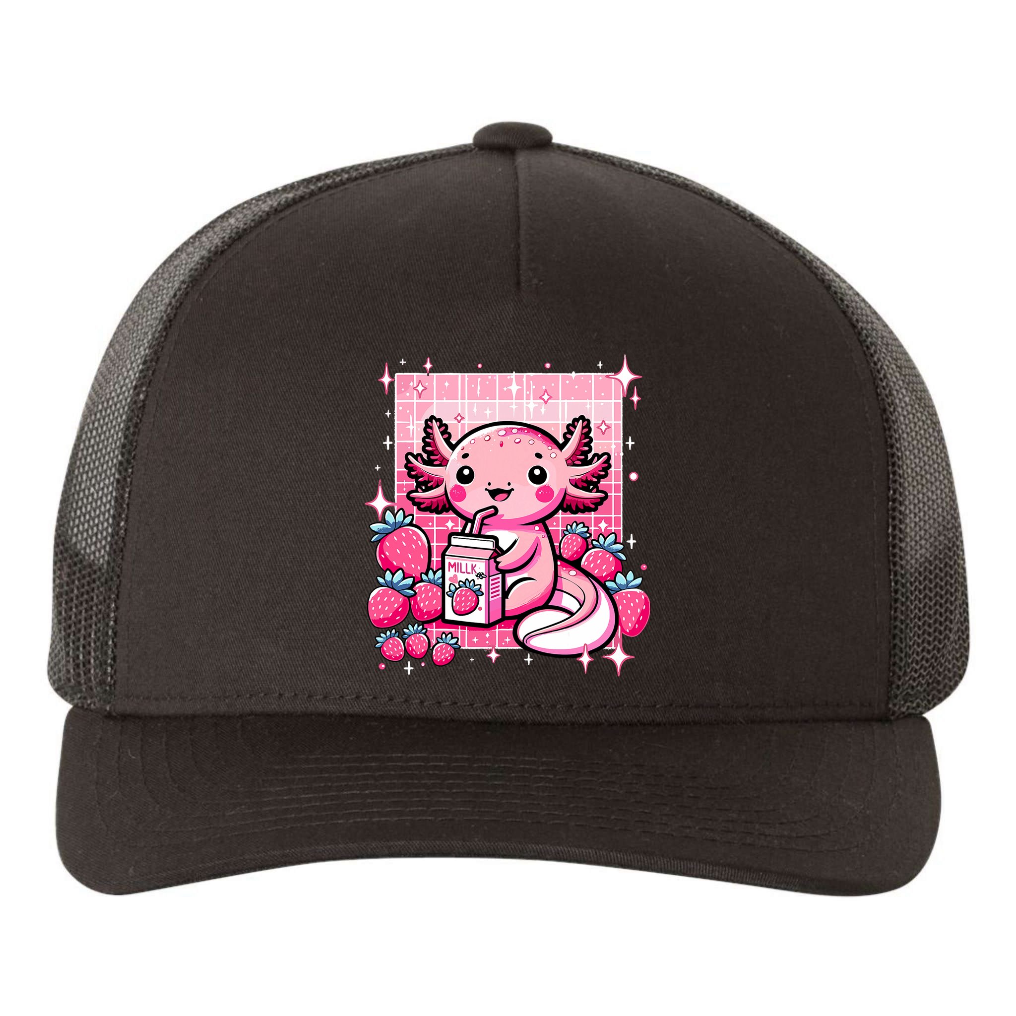 Axolotl Kawaii Strawberry Milk Shake Anime Axolotl Yupoong Adult 5-Panel Trucker Hat