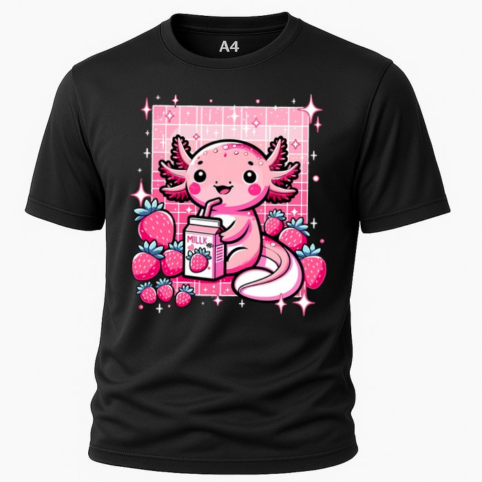 Axolotl Kawaii Strawberry Milk Shake Anime Axolotl Cooling Performance Crew T-Shirt