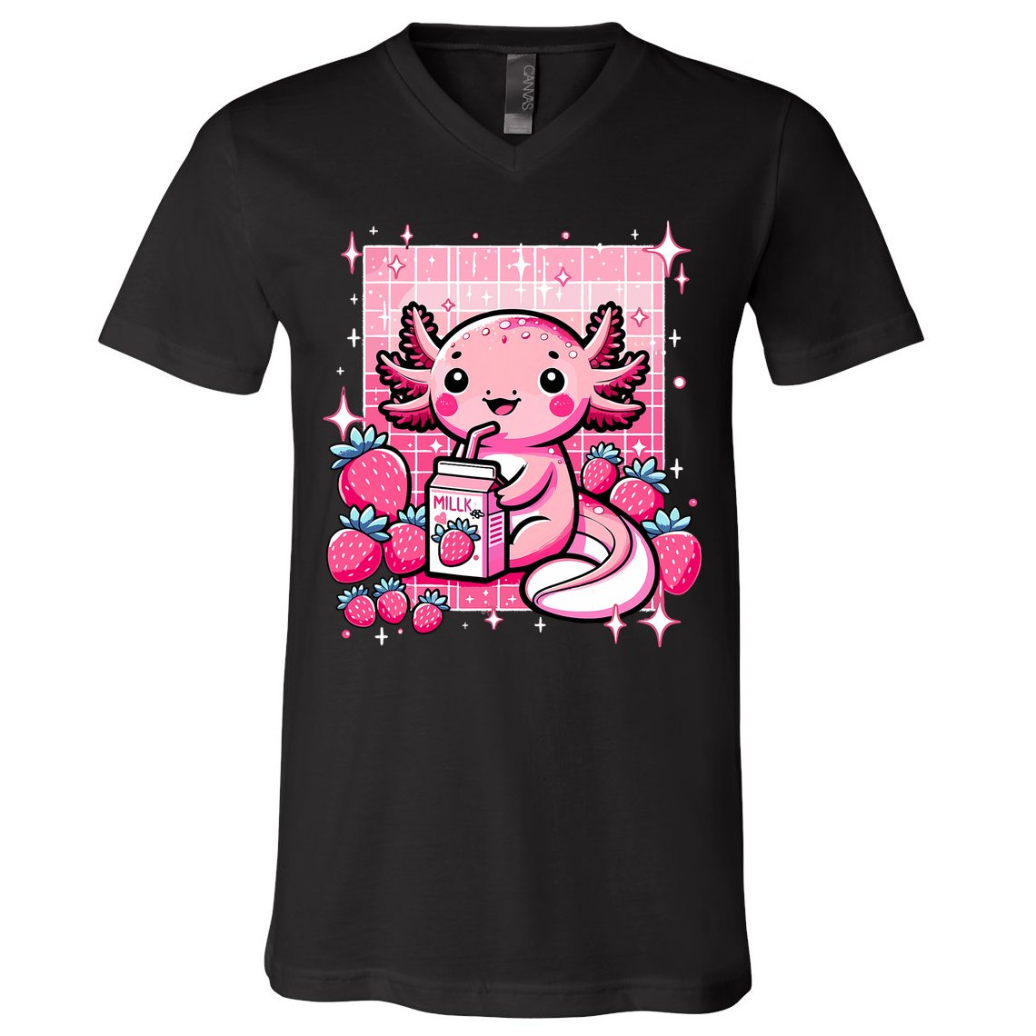 Axolotl Kawaii Strawberry Milk Shake Anime Axolotl V-Neck T-Shirt