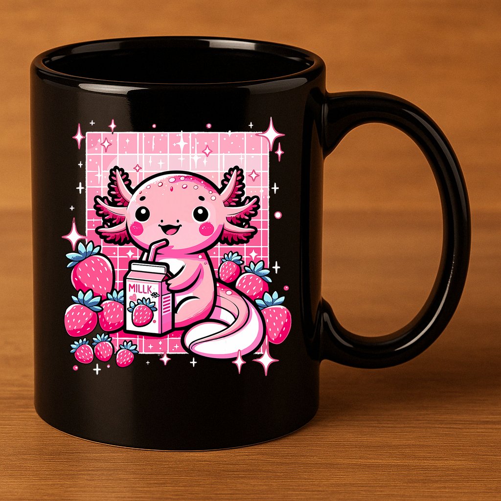 Axolotl Kawaii Strawberry Milk Shake Anime Axolotl 11oz C Handle Ceramic Mug