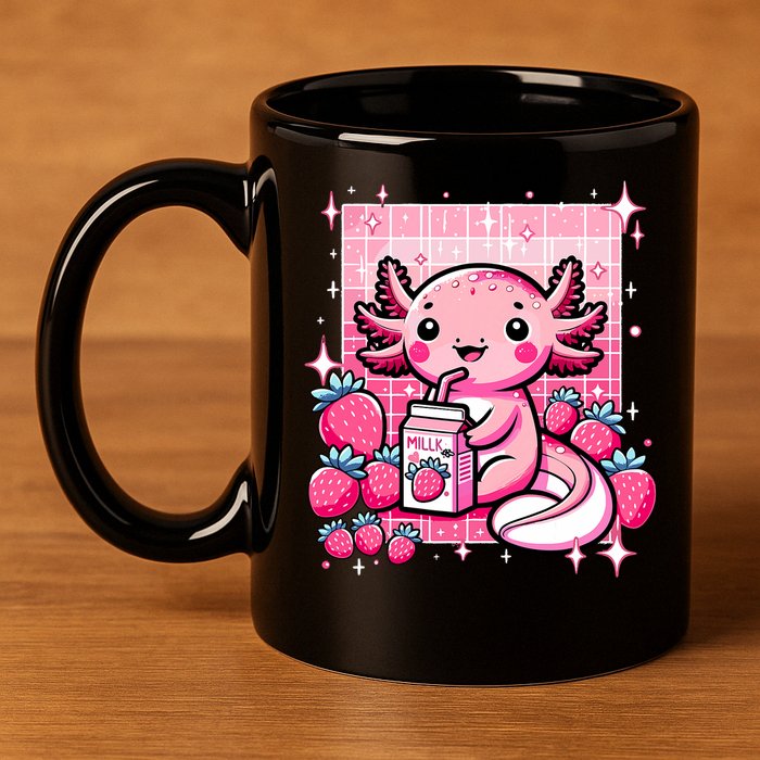Axolotl Kawaii Strawberry Milk Shake Anime Axolotl 11oz C Handle Ceramic Mug