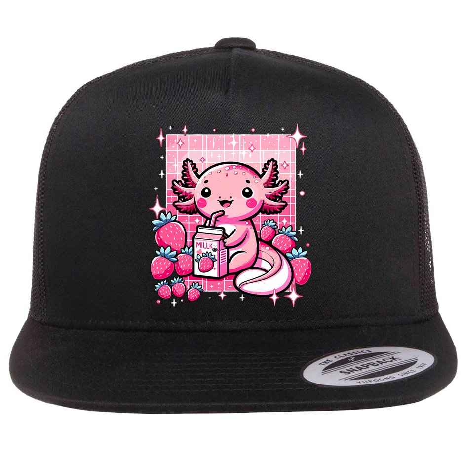 Axolotl Kawaii Strawberry Milk Shake Anime Axolotl Flat Bill Trucker Hat