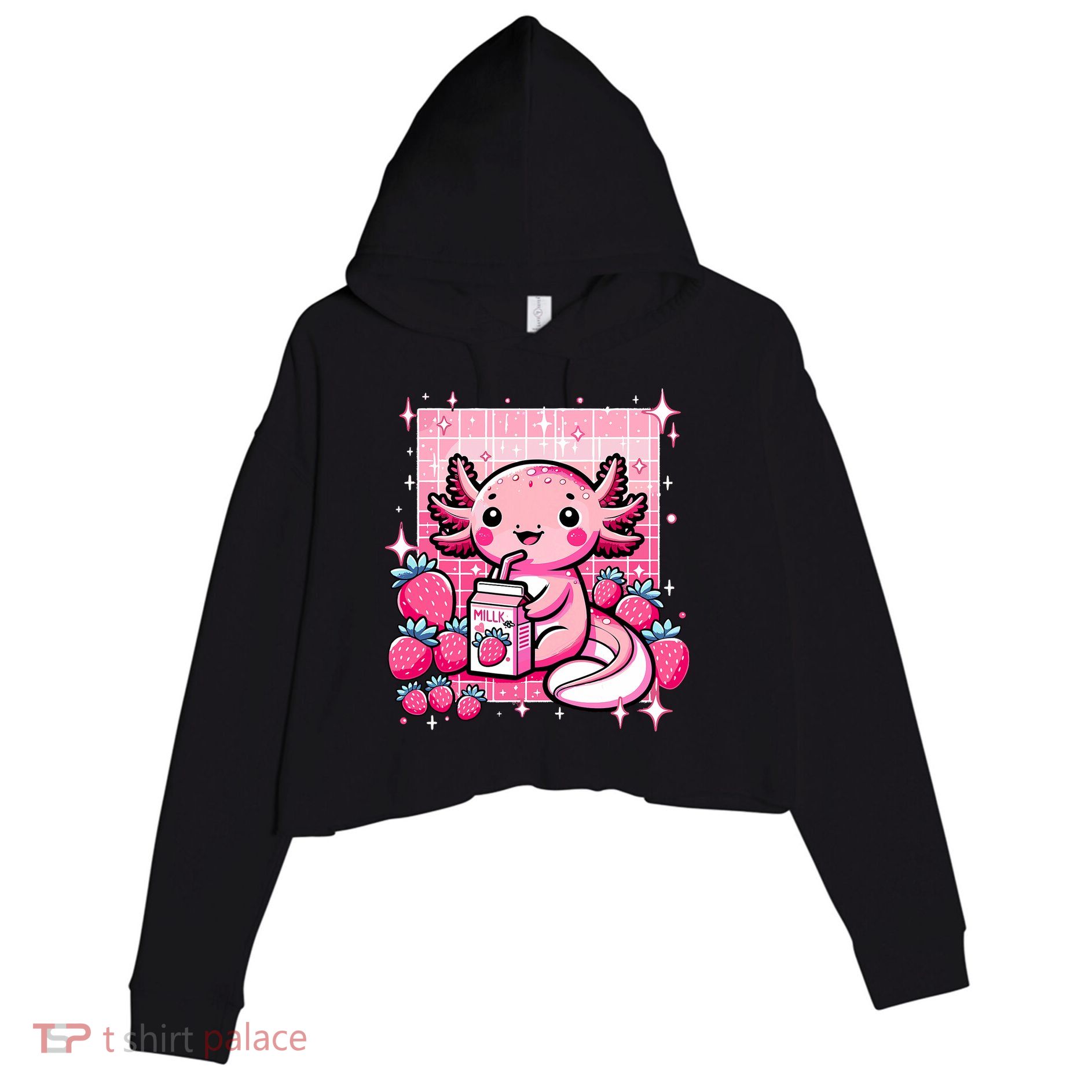 Axolotl Kawaii Strawberry Milk Shake Anime Axolotl Crop Fleece Hoodie