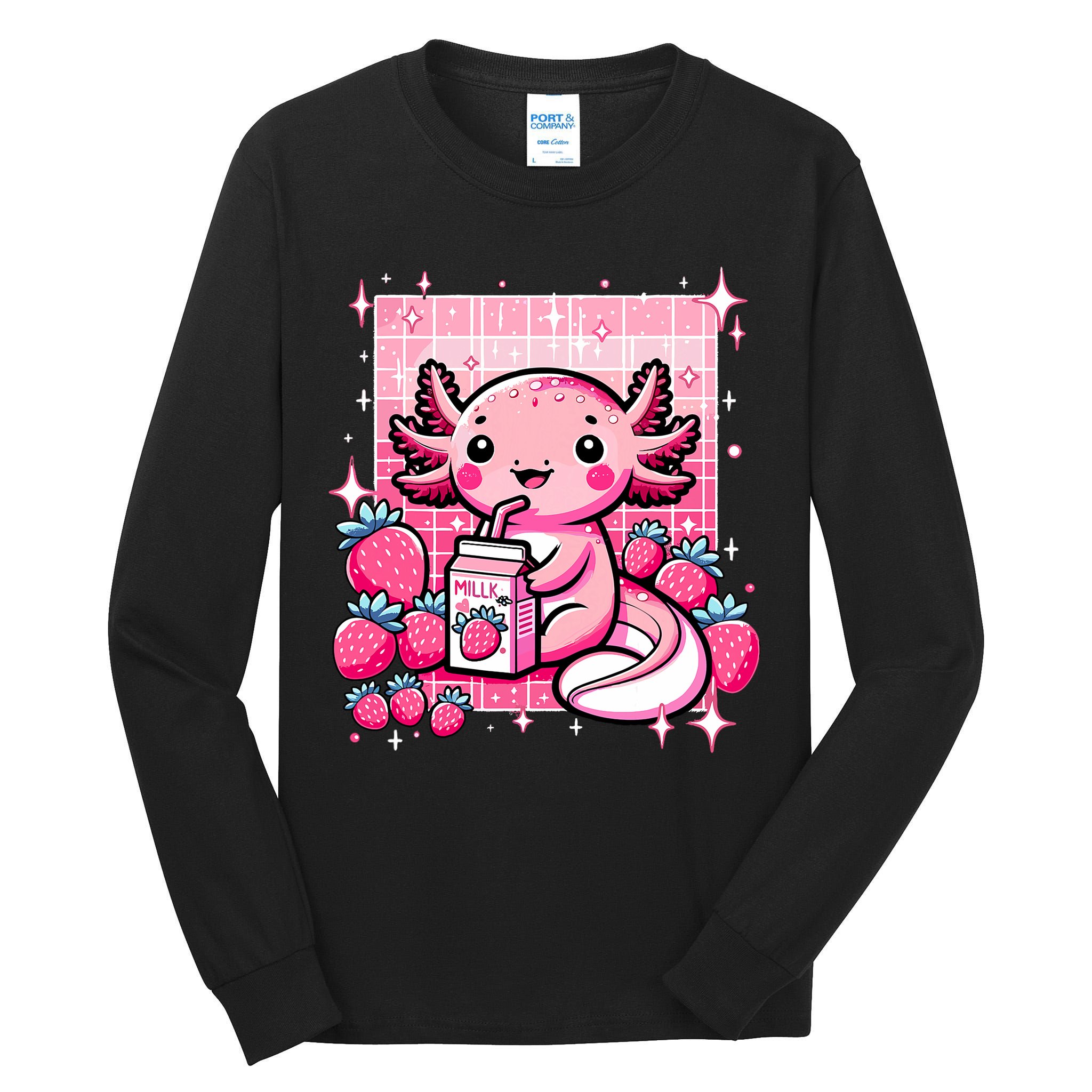 Axolotl Kawaii Strawberry Milk Shake Anime Axolotl Tall Long Sleeve T-Shirt