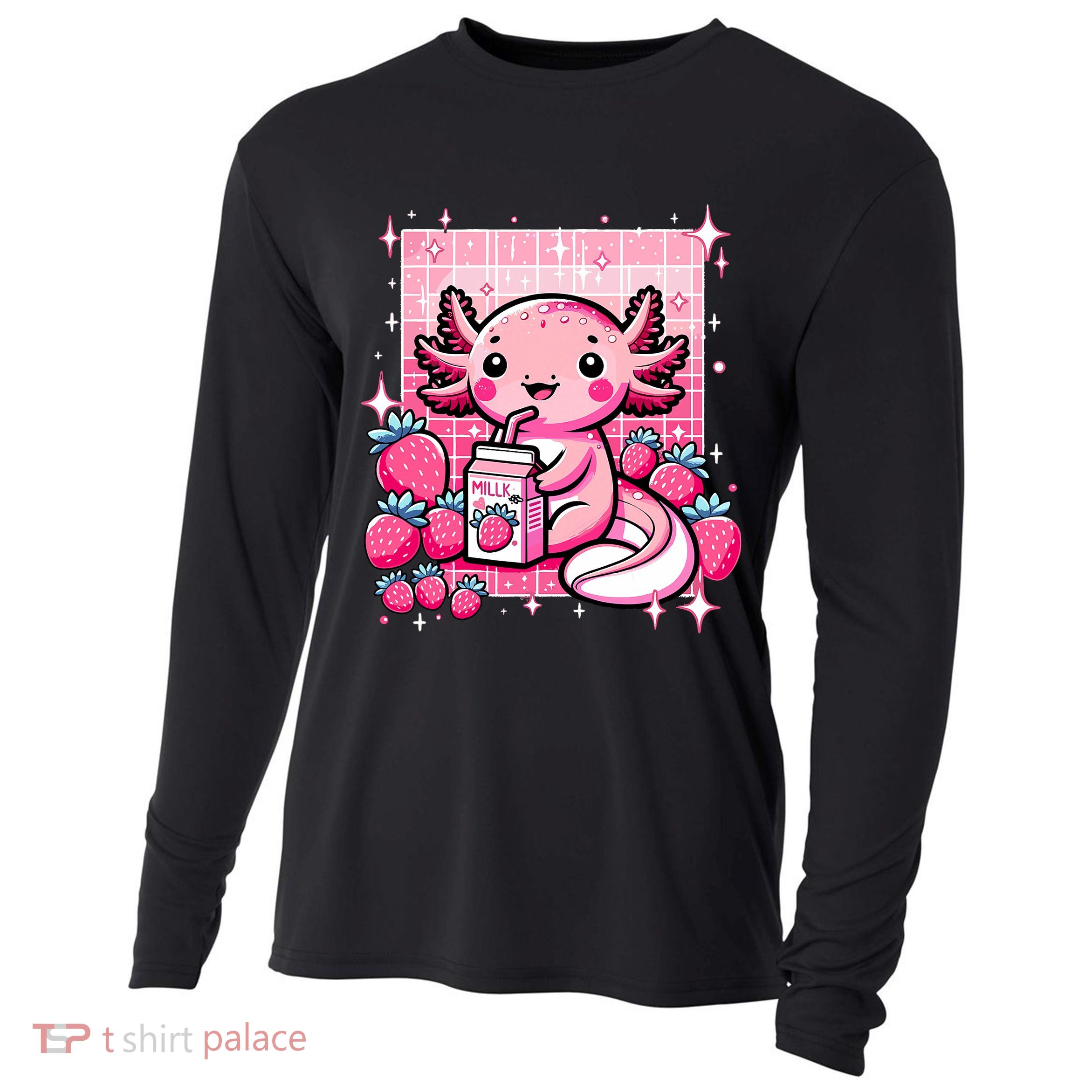 Axolotl Kawaii Strawberry Milk Shake Anime Axolotl Cooling Performance Long Sleeve Crew