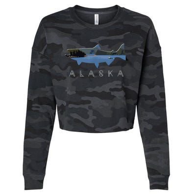 Alaskan King Salmon With Fishing Boat Saltwater Fishermen Cropped Pullover Crew