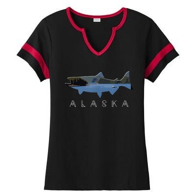 Alaskan King Salmon With Fishing Boat Saltwater Fishermen Ladies Halftime Notch Neck Tee