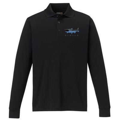 Alaskan King Salmon With Fishing Boat Saltwater Fishermen Performance Long Sleeve Polo