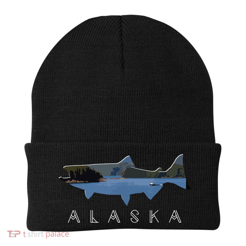 Alaskan King Salmon With Fishing Boat Saltwater Fishermen Beanie