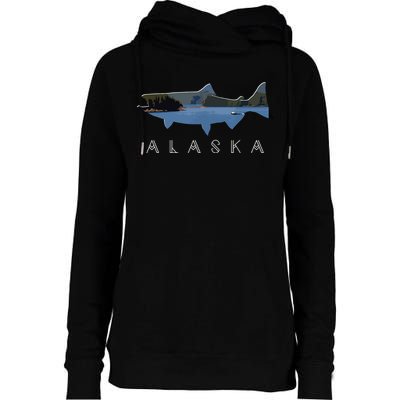 Alaskan King Salmon With Fishing Boat Saltwater Fishermen Womens Funnel Neck Pullover Hood