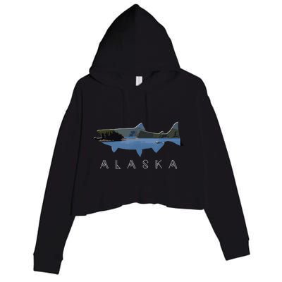 Alaskan King Salmon With Fishing Boat Saltwater Fishermen Crop Fleece Hoodie