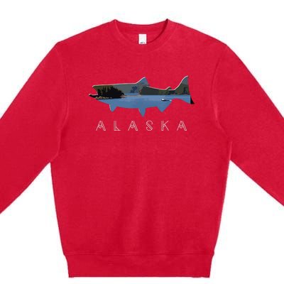 Alaskan King Salmon With Fishing Boat Saltwater Fishermen Premium Crewneck Sweatshirt