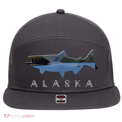 Alaskan King Salmon With Fishing Boat Saltwater Fishermen 7 Panel Mesh Trucker Snapback Hat