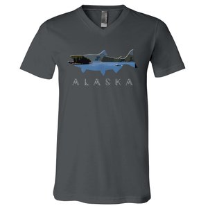 Alaskan King Salmon With Fishing Boat Saltwater Fishermen V-Neck T-Shirt