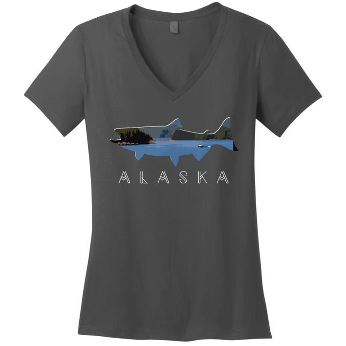 Alaskan King Salmon With Fishing Boat Saltwater Fishermen Women's V-Neck T-Shirt