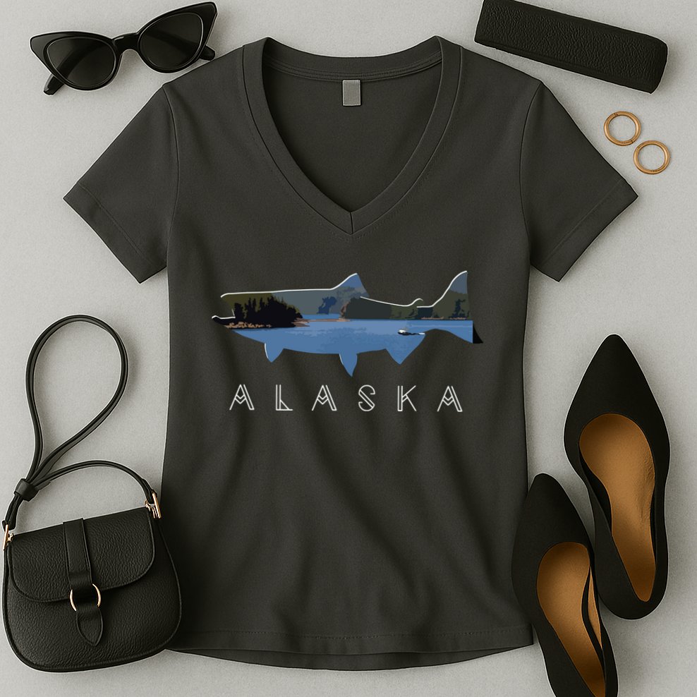 Alaskan King Salmon With Fishing Boat Saltwater Fishermen Women's V-Neck T-Shirt