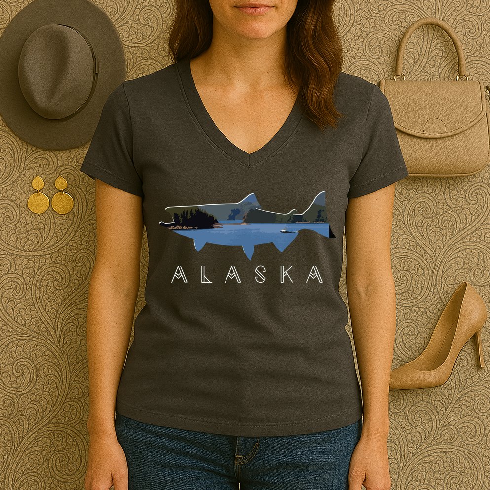 Alaskan King Salmon With Fishing Boat Saltwater Fishermen Women's V-Neck T-Shirt