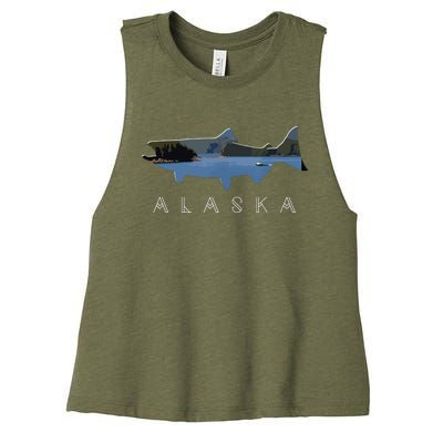 Alaskan King Salmon With Fishing Boat Saltwater Fishermen Women's Racerback Cropped Tank