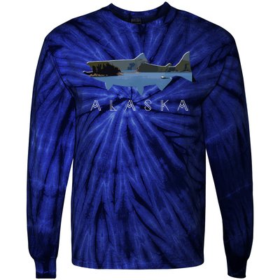 Alaskan King Salmon With Fishing Boat Saltwater Fishermen Tie-Dye Long Sleeve Shirt