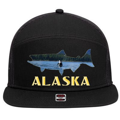 Alaska King Salmon Fishing Vacation Fisherman Orca Whale 7 Panel Mesh Trucker Snapback Hat