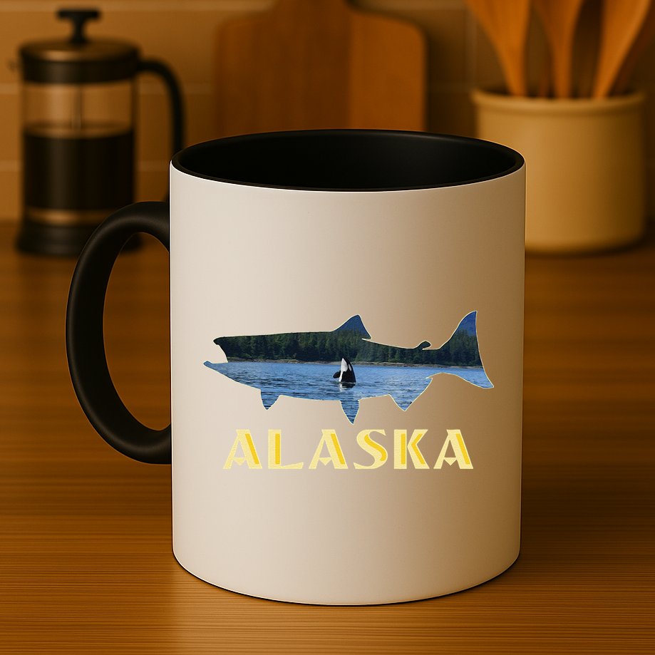 Alaska King Salmon Fishing Vacation Fisherman Orca Whale Mug