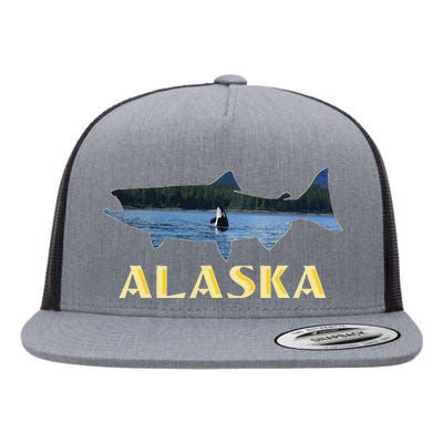 Alaska King Salmon Fishing Vacation Fisherman Orca Whale Flat Bill Trucker Hat