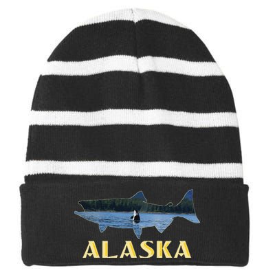 Alaska King Salmon Fishing Vacation Fisherman Orca Whale Striped Beanie with Solid Band