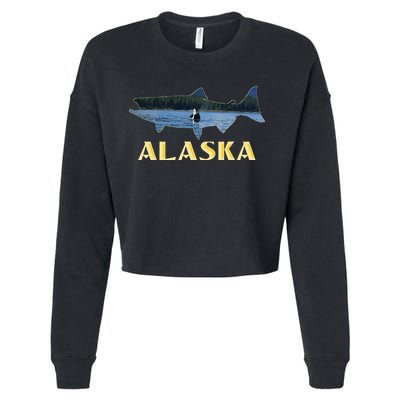 Alaska King Salmon Fishing Vacation Fisherman Orca Whale Cropped Pullover Crew