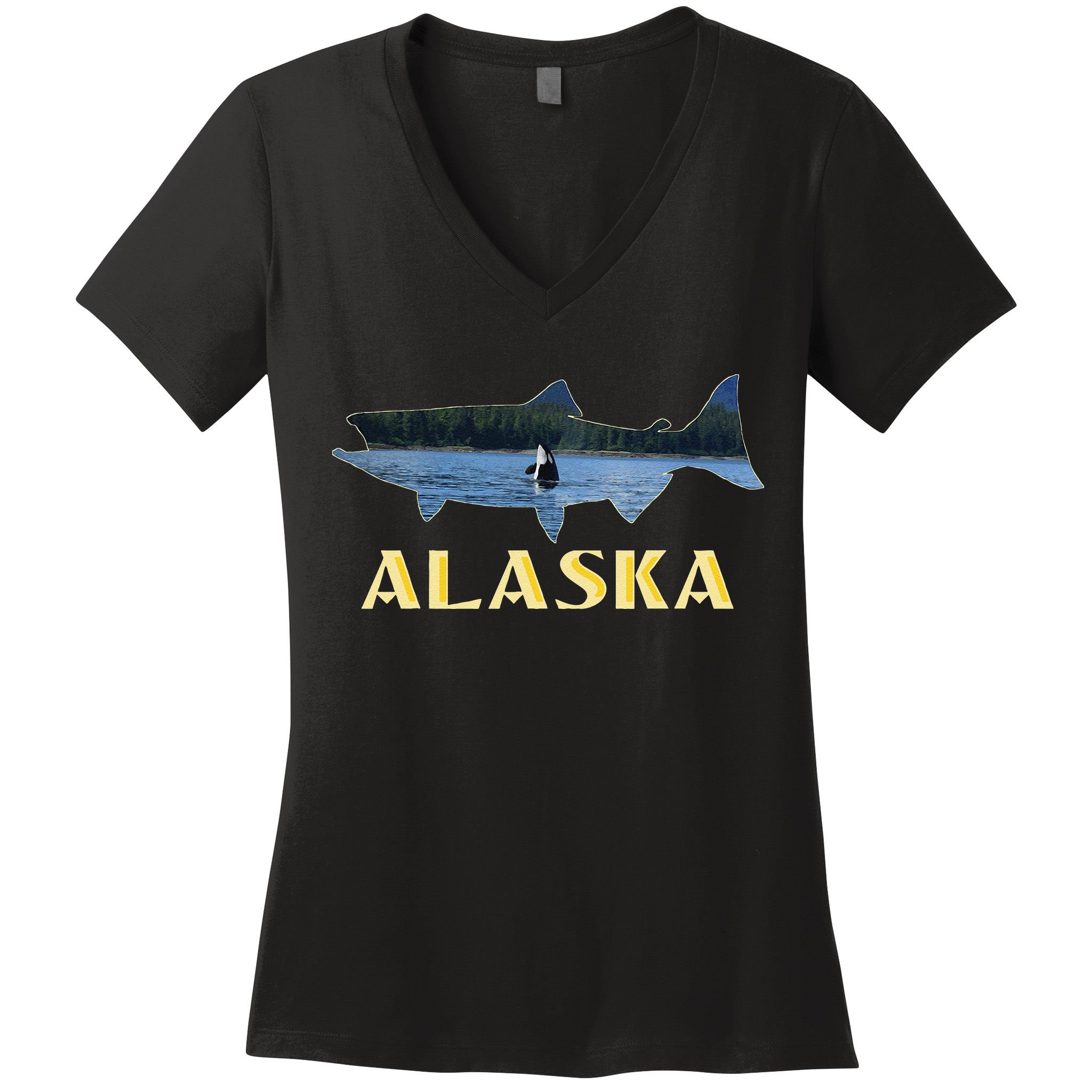 Alaska King Salmon Fishing Vacation Fisherman Orca Whale Women's V-Neck T-Shirt