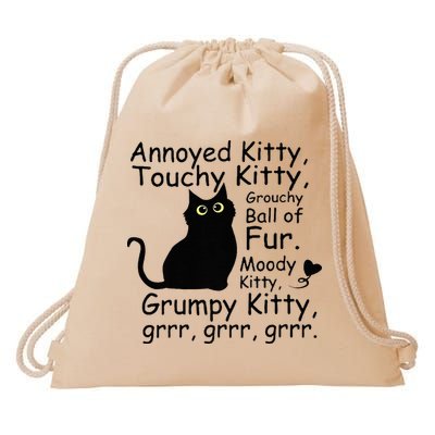 Annoyed Kitty Touchy Kitty Grouchy Ball Of Fur Black Cat Drawstring Bag