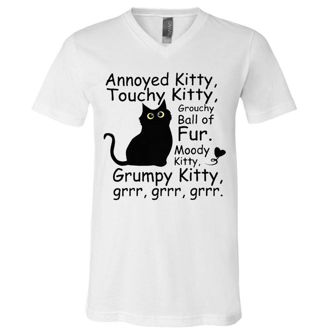 Annoyed Kitty Touchy Kitty Grouchy Ball Of Fur Black Cat V-Neck T-Shirt