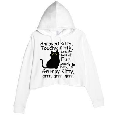 Annoyed Kitty Touchy Kitty Grouchy Ball Of Fur Black Cat Crop Fleece Hoodie