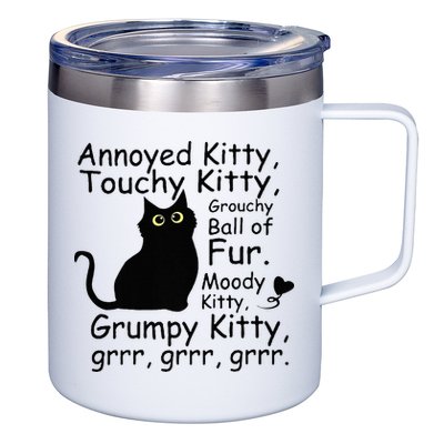 Annoyed Kitty Touchy Kitty Grouchy Ball Of Fur Black Cat 12oz Stainless Steel Coffee Mug
