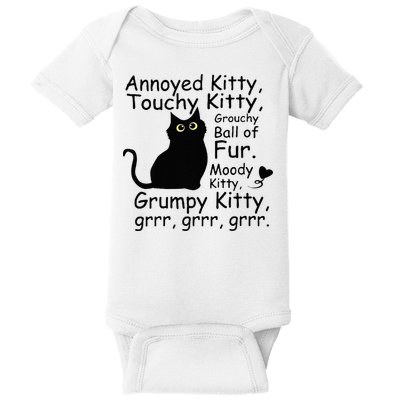 Annoyed Kitty Touchy Kitty Grouchy Ball Of Fur Black Cat Baby Bodysuit