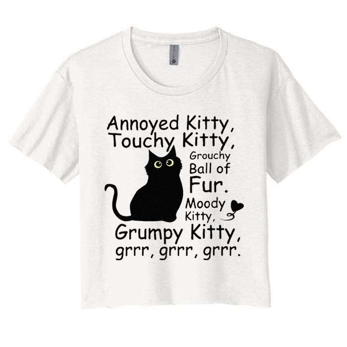 Annoyed Kitty Touchy Kitty Grouchy Ball Of Fur Black Cat Women's Crop Top Tee